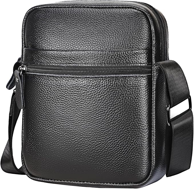 Leathario Men's Crossbody Shoulder Bag, Genuine Leather Small Messenger Satchel for Work Business Travel, Black Side Purse