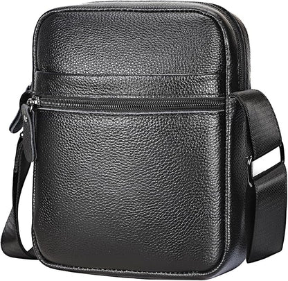 Leathario Men's Crossbody Shoulder Bag, Genuine Leather Small Messenger Satchel for Work Business Travel, Black Side Purse
