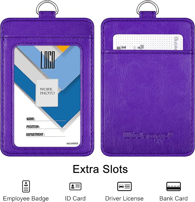 Badge Holder, Wisdompro School Supply 2-Sided PU Leather College ID Badge Card Holder Wallet Case with 1 Clear ID Window and 1 Credit Card Slot and 22 Inch Detachable Neck Lanyard - Purple (Vertical)