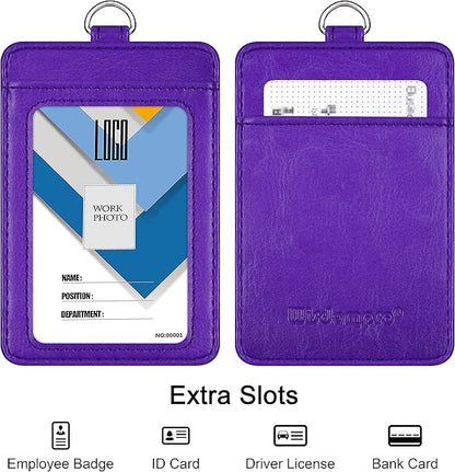 Badge Holder, Wisdompro School Supply 2-Sided PU Leather College ID Badge Card Holder Wallet Case with 1 Clear ID Window and 1 Credit Card Slot and 22 Inch Detachable Neck Lanyard - Purple (Vertical)