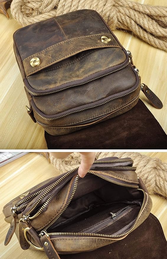 Le'aokuu Mens Genuine Leather Small Messenger Shoulder Satchel Phone Pouch Belt Waist Bag Pack