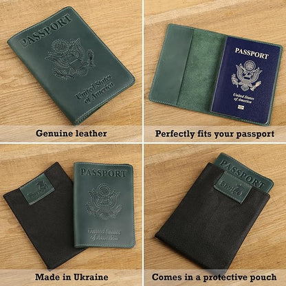 Shvigel US Leather Passport Book Cover - Thin American Travel Passport Holder - Premium International USA Passport Protector Case for Women Men (Green Vintage)