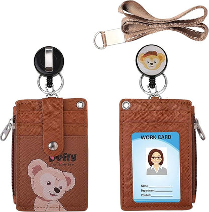【2025 Latest】Cute ID Badge Holder Retractable Lanyard Reel Clip with Heavy Duty Carabiner, 5 Card Slots in 2 Sided with Key Ring and Zipper for Women Students Teens Girls Office Staff (Brown Duffy)