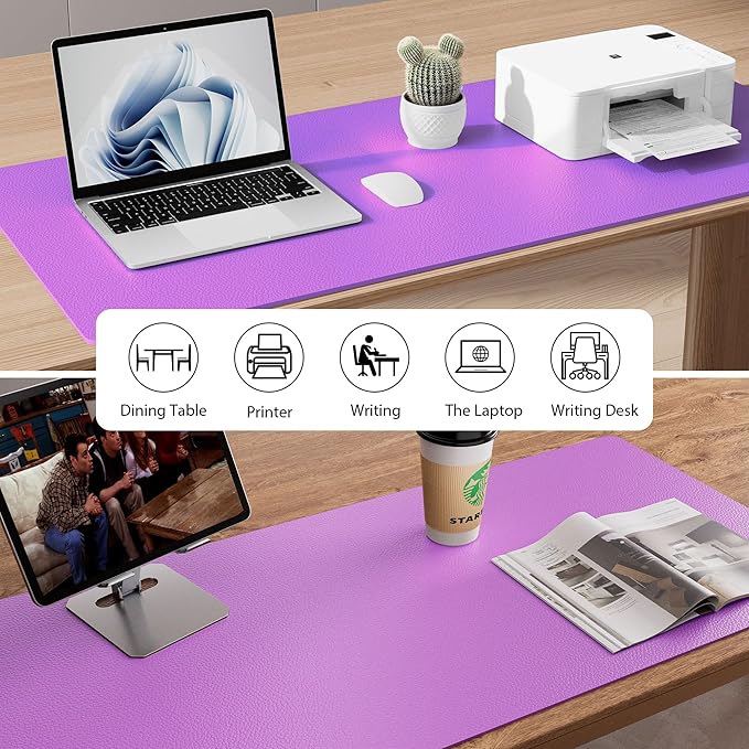 Aothia Faux Leather Desk Mat - Non-Slip PU Leather Desk Blotter, Waterproof Writing Surface, Large Desk Pad for Office & Home (Iris Violet, 55" x 17")