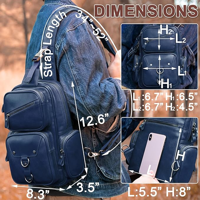 Genuine Leather Sling Bag for Men Large Crossbody Shoulder Bag Casual Sling Backpack Anti-Theft Travel Chest Purse