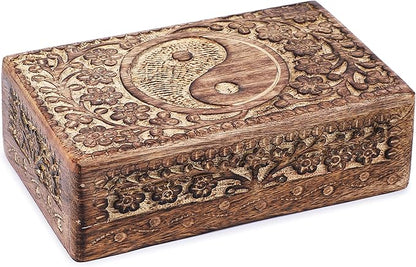 Ajuny Handcrafted Wooden Jewelry Box with Tai Chi Flower Carving – 8x5 Inch Treasure Chest for Keepsakes, Trinkets, Gifts, Decorative Storage Box for Men & Women, Home Organizer