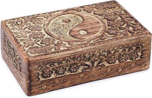 Ajuny Handcrafted Wooden Jewelry Box with Tai Chi Flower Carving – 8x5 Inch Treasure Chest for Keepsakes, Trinkets, Gifts, Decorative Storage Box for Men & Women, Home Organizer