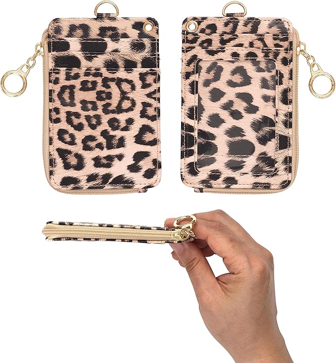 MONDO DESIGNS 2-in-1 ID Badge Holder & Lanyard Wallet - Multi-Use Womens Small Wallet with Removable Wristlet & Neck Lanyard, Clear Window, 5 Card Slots, Phone Holder, Ring Keychain - Leopard