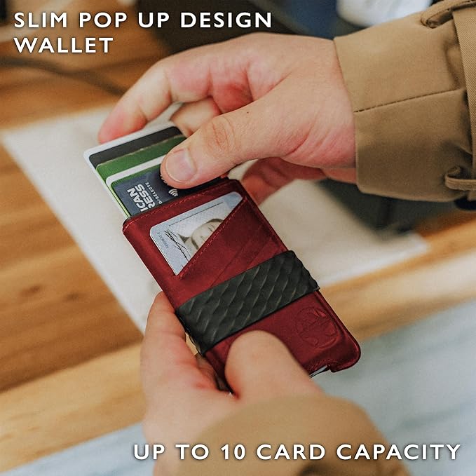 Hacksmith The Smith Wallet – Slim RFID Blocking Wallet for Men – Minimalist Front Pocket Wallet with Money Clip Band – Tactical Leather and Metal Wallets for Credit Cards & Cash (Smoke Red)