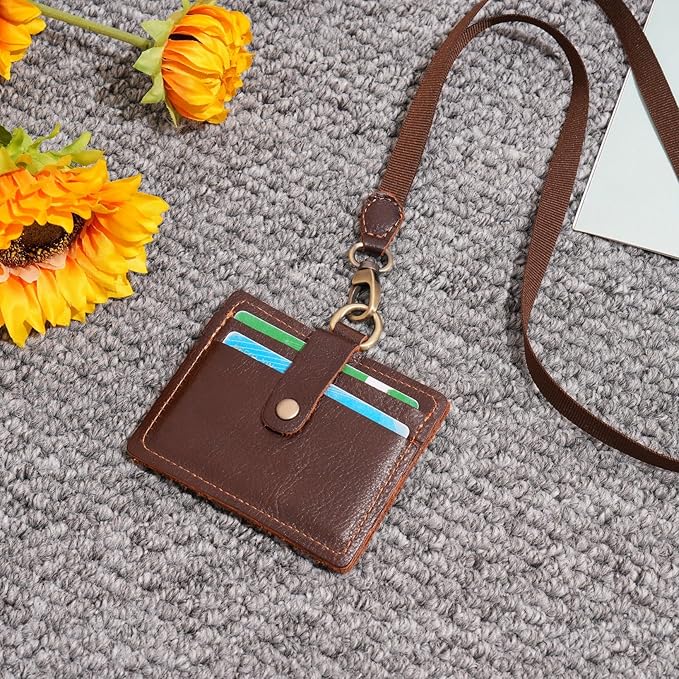 Wonderpool Leather Horizontal Badge Holder with Detachable Neck Lanyard and Retractable Badge Reel Clip, Card Slots Case ID Card Holder for ID Badges Card and Driver Licence (Coffee)