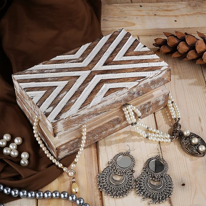 Ajuny Handmade Wooden Box – Hand Carved Line Design Keepsake Box, Decorative Jewelry Organizer Treasure Chest, Memory Storage Boxes Gift for Men and Women, 8x5 Inch