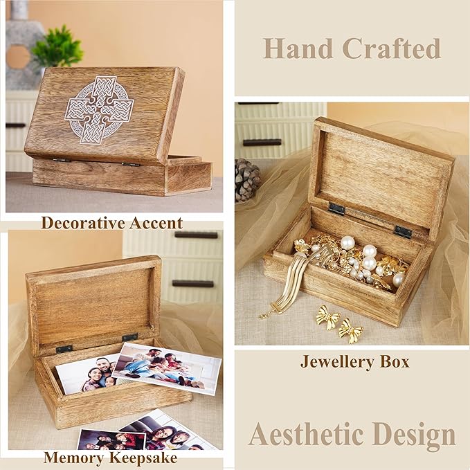 Ajuny Handmade Decorative Wooden Jewelry Box Celtic Cross Design Multipurpose Treasure Chest Storage Organizer Trinket keepsake Necklaces Watch Boxes, Great Gifts - 8x5 Inch