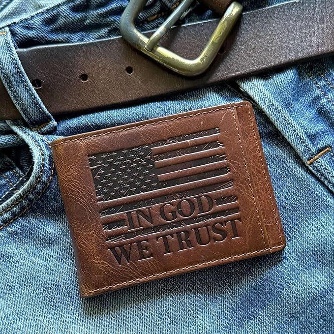 MID WEST RANGE Bifold Money Clip Wallet for Men – Slim Front Pocket Leather Wallet with Metal Clip, Patriotic USA Flag Design, IN GOD WE TRUST, Compact Everyday Carry