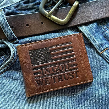 MID WEST RANGE Bifold Money Clip Wallet for Men – Slim Front Pocket Leather Wallet with Metal Clip, Patriotic USA Flag Design, IN GOD WE TRUST, Compact Everyday Carry