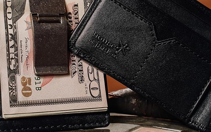 House of Jack Co. Maverick Bifold Money Clip Wallet for Men – Slim Front Pocket Leather Wallet with Metal Cash Clip, Exterior ID Window & Card Holder, Full-Grain Cowhide, Black