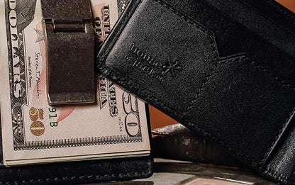 House of Jack Co. Maverick Bifold Money Clip Wallet for Men – Slim Front Pocket Leather Wallet with Metal Cash Clip, Exterior ID Window & Card Holder, Full-Grain Cowhide, Black
