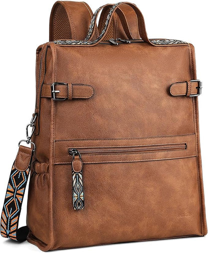 FADEON Leather Laptop Backpack for Women, Designer Ladies Work Travel Computer Backpack with Laptop Compartment Purse Brown