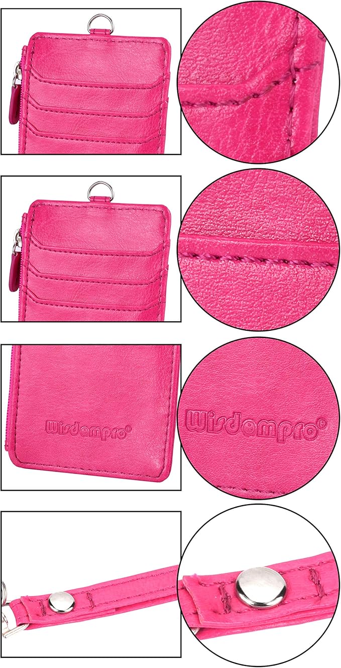 Badge Holder with Zip, Wisdompro Double Sided PU Leather ID Badge Card Holder Wallet Case with 5 Card Slots, 1 Side Zipper Pocket and 20 Inch Leather Neck Lanyard/Strap - Hot Pink (Vertical)