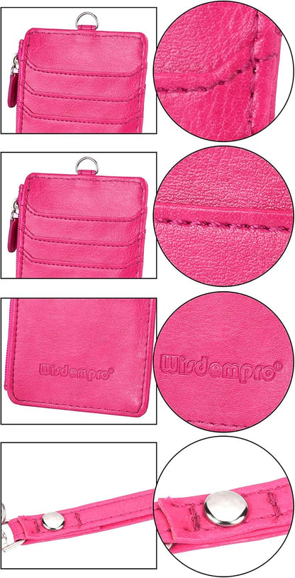 Badge Holder with Zip, Wisdompro Double Sided PU Leather ID Badge Card Holder Wallet Case with 5 Card Slots, 1 Side Zipper Pocket and 20 Inch Leather Neck Lanyard/Strap - Hot Pink (Vertical)