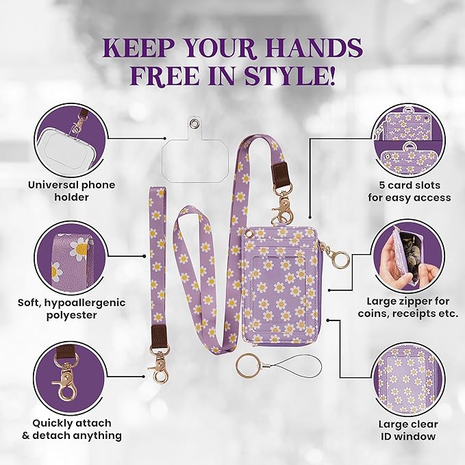 MONDO DESIGNS 2-in-1 ID Badge Holder & Lanyard Wallet - Multi-Use Womens Small Wallet with Removable Wristlet & Neck Lanyard, Clear Window, 5 Card Slots, Phone Holder, Ring Keychain - Purple Daisies