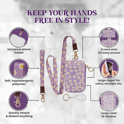 MONDO DESIGNS 2-in-1 ID Badge Holder & Lanyard Wallet - Multi-Use Womens Small Wallet with Removable Wristlet & Neck Lanyard, Clear Window, 5 Card Slots, Phone Holder, Ring Keychain - Purple Daisies