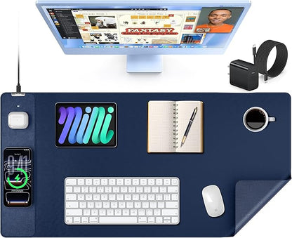TopMade Mouse Pad with 15W Wireless Charging, XXL Large Leather Desk Mat, Waterproof Gaming Mousepad Home Office Desk Pad Protector, Blue (Includes 20W PD Power Adapter & 6.56ft Woven Cable)