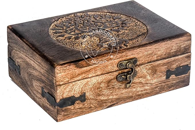 Antique Handmade Wooden Jewelry Box – Tree of Life Engraved Keepsake Storage Organizer – Handcarved Decorative Box for Women & Men – Vintage Home Décor Accent & Gift – 7" x 5.5" x 3.5"