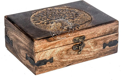 Antique Handmade Wooden Jewelry Box – Tree of Life Engraved Keepsake Storage Organizer – Handcarved Decorative Box for Women & Men – Vintage Home Décor Accent & Gift – 7" x 5.5" x 3.5"