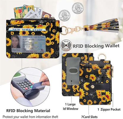 KNGITRYI Wallet Keychain Wristlet for Women,Slim RFID Credit Card Holder Purse Tassel Keychain Bangle Key Ring for Men Women