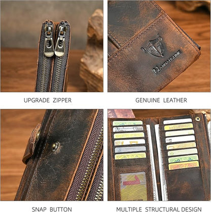 Genuine Crazy Horse Leather Travel Gift Coin Pocket Card Case Long Organizer Chain Rfid Wallet Purse With Snap For Men Male 1803 1815 (1822 Brown)