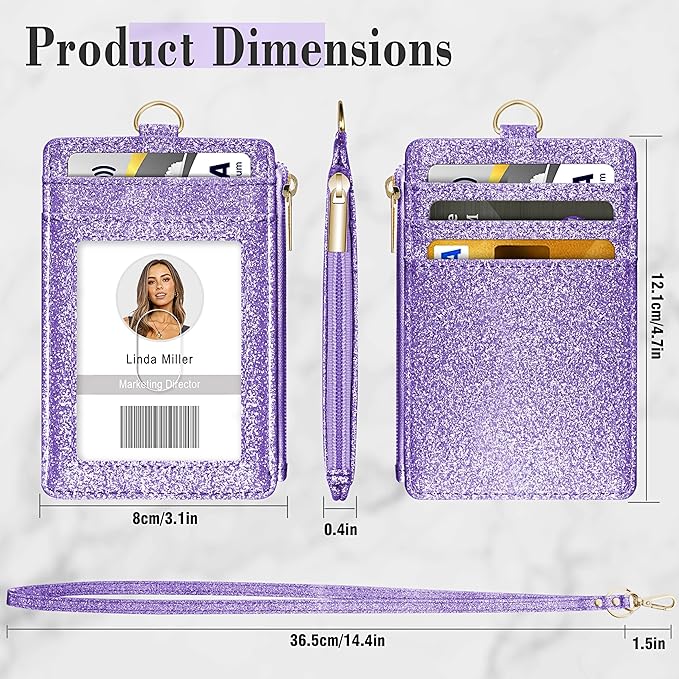 ID Badge Holder with Lanyard, Vertical Bling Shiny ID Badge Card Holder with 1 Clear ID Window, 4 Credit Card Slots, 1 Cash Coin Slot and a Detachable Neck Lanyard (Bling Purple)