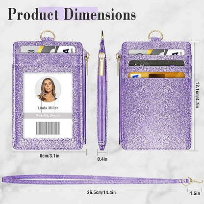 ID Badge Holder with Lanyard, Vertical Bling Shiny ID Badge Card Holder with 1 Clear ID Window, 4 Credit Card Slots, 1 Cash Coin Slot and a Detachable Neck Lanyard (Bling Purple)