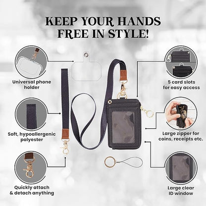 MONDO DESIGNS 2-in-1 ID Badge Holder with Lanyard - Multi-Use Lanyard Keychain Wallet for Women, Small Keychain Wristlet Wallet with Strap & Lanyards for ID Badges, Phone & Card Holder - Black