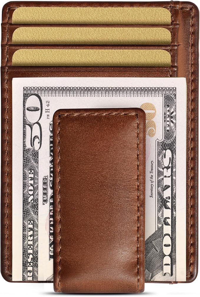 House of Jack Co. Carryall Slim Money Clip Wallet for Men, Super Strong Magnetic Clip, Front Pocket Wallet Card Holder, Full Grain Cowhide Leather, Tan