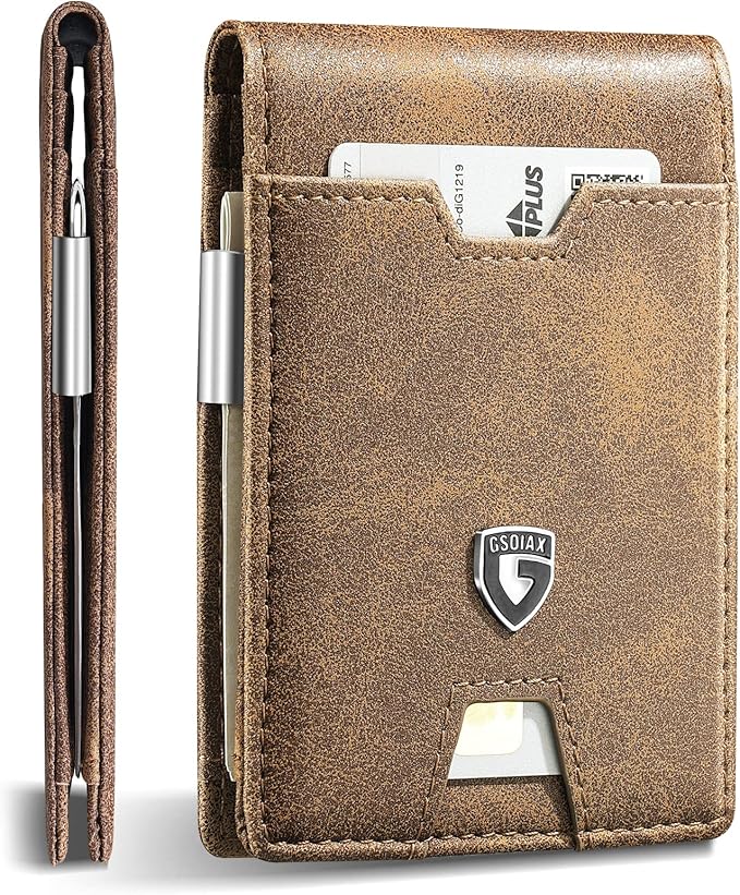 GSOIAX Men's Slim RFID Blocking Leather Wallet with Money Clip | Minimalist Carbon Fiber Bifold Credit Card Holder | 11 Card Slots | Gift Box Included(Leather Brown)