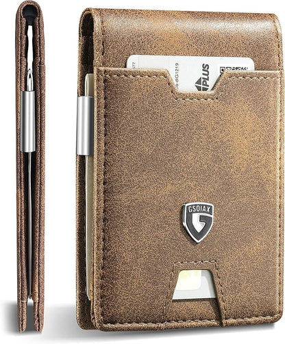 GSOIAX Men's Slim RFID Blocking Leather Wallet with Money Clip | Minimalist Carbon Fiber Bifold Credit Card Holder | 11 Card Slots | Gift Box Included(Leather Brown)