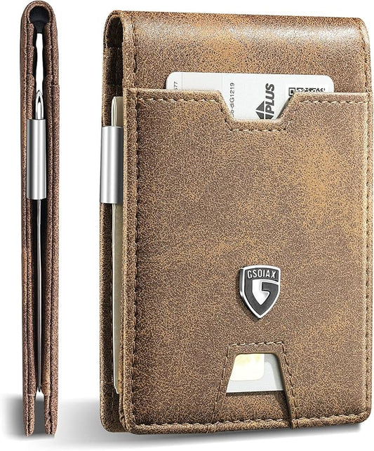 GSOIAX Men's Slim RFID Blocking Leather Wallet with Money Clip | Minimalist Carbon Fiber Bifold Credit Card Holder | 11 Card Slots | Gift Box Included(Leather Brown)