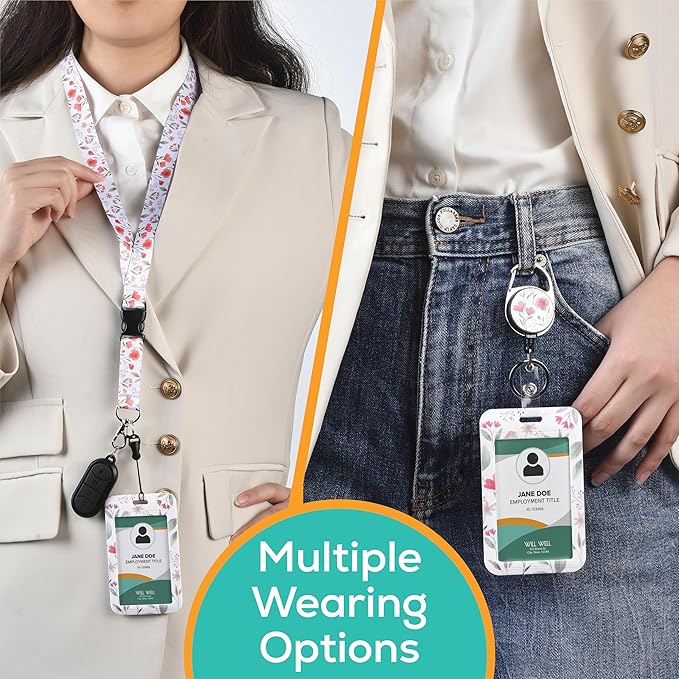 Will Well ID Badge Holder with Retractable Lanyard, Retractable Badge Reel Nylon Lanyard and Vertical ID Card Holder with 1 Card Slot Key Chain for Men & Women - Floral Design