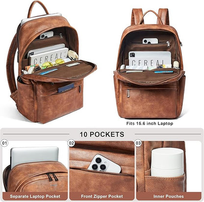 Vegan Leather Backpack for Women and Men, Fits 16.0 Inch Laptop, Multi-Pocket Design with Water Bottle and Luggage Strap, Ideal for Work, Travel, and Daily Use, Brown