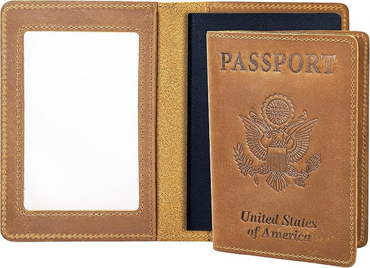 Genuine Leather Passport Holder with RFID Blocking, Slim Design, Brown Color, Unisex