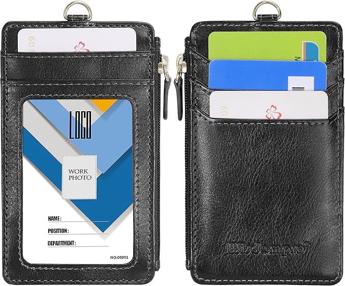 Wisdompro Badge Holder with Retractable Reel, Double Sided PU Leather ID Badge Card Holder Wallet with Zipper Pocket, 5 Card Slots for Office School ID, Driver's License - Black