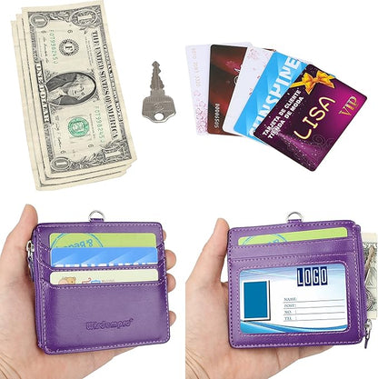 Badge Holder with Zip, Wisdompro 2-Sided PU Leather ID Badge Holder with 1 ID Window, 4 Card Slots, 1 Side Zipper Pocket and 1 piece 20 Inch PU Neck Lanyard Strap - Purple (Horizontal)
