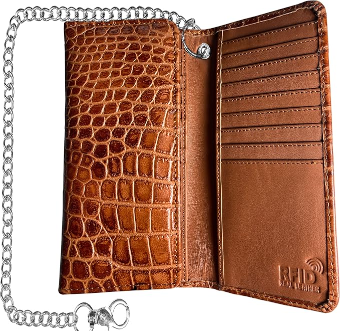 IBRO VINTAGE Motorcycle Chain Wallet for Men – Premium Cowhide Leather, RFID Tri-Fold Biker Wallet with Heavy Duty Chain for Bikers Truckers & Hunters, Credit Card Money Organizer Long Wallet | Long Trifold, RFID Blocking, Men's, Trucker Biker