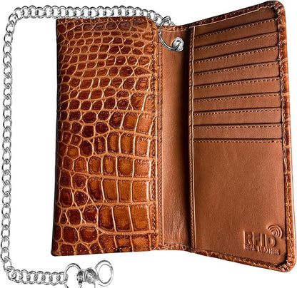 IBRO VINTAGE Motorcycle Chain Wallet for Men – Premium Cowhide Leather, RFID Tri-Fold Biker Wallet with Heavy Duty Chain for Bikers Truckers & Hunters, Credit Card Money Organizer Long Wallet | Long Trifold, RFID Blocking, Men's, Trucker Biker