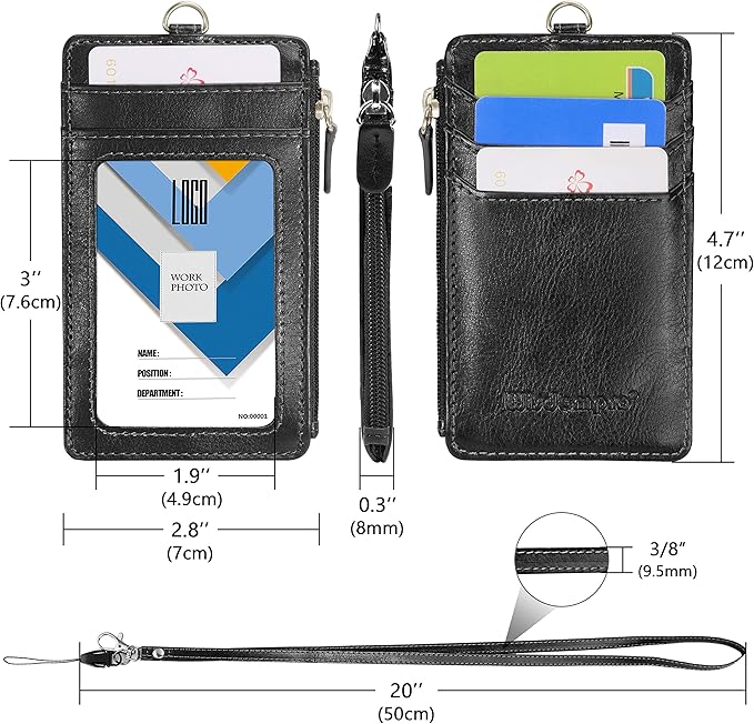 Badge Holder with Zipper, Wisdompro School Supply 2-Sided PU Leather College ID Badge Holder with 1 ID Window, 4 Card Holder Slots, 1 Side Pocket and 20 Inch Leather Neck Strap Lanyard -Vertical Black