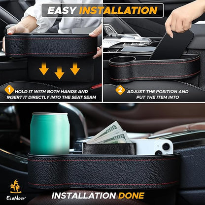 EcoNour Car Seat Gap Filler with Cup Holder (25.4 x 15.2 cm) | Auto Console Organizer in Between Front Seats for Holding Phone, Drink and Cards | Travel Accessories with 2 Headrest Hooks