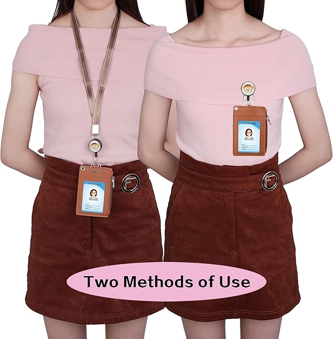 【2025 Latest】Cute ID Badge Holder Retractable Lanyard Reel Clip with Heavy Duty Carabiner, 5 Card Slots in 2 Sided with Key Ring and Zipper for Women Students Teens Girls Office Staff (Brown Duffy)
