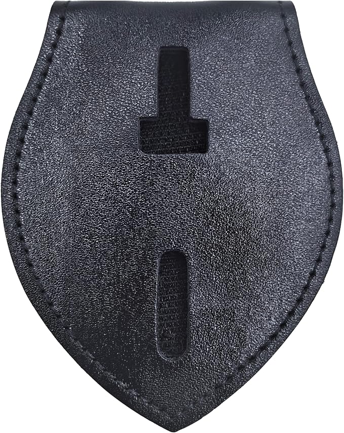Police Badge Holder Made of Cowhide Universal Black with Leather Belt Buckle Hook Buckle and Stainless Steel Bead Chain Law Enforcement Officer Gifts Elliptical