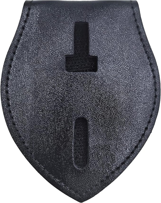 Police Badge Holder Made of Cowhide Universal Black with Leather Belt Buckle Hook Buckle and Stainless Steel Bead Chain Law Enforcement Officer Gifts Elliptical