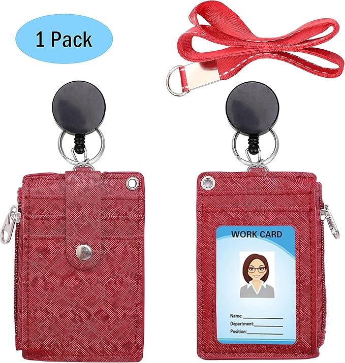【2025 Latest】 Cute ID Badge Holder Retractable Lanyard Reel Clip with Heavy Duty Carabiner, 5 Card Slots in 2 Sided with Key Ring and Zipper for Women Students Teens Girls Office Staff (Red)
